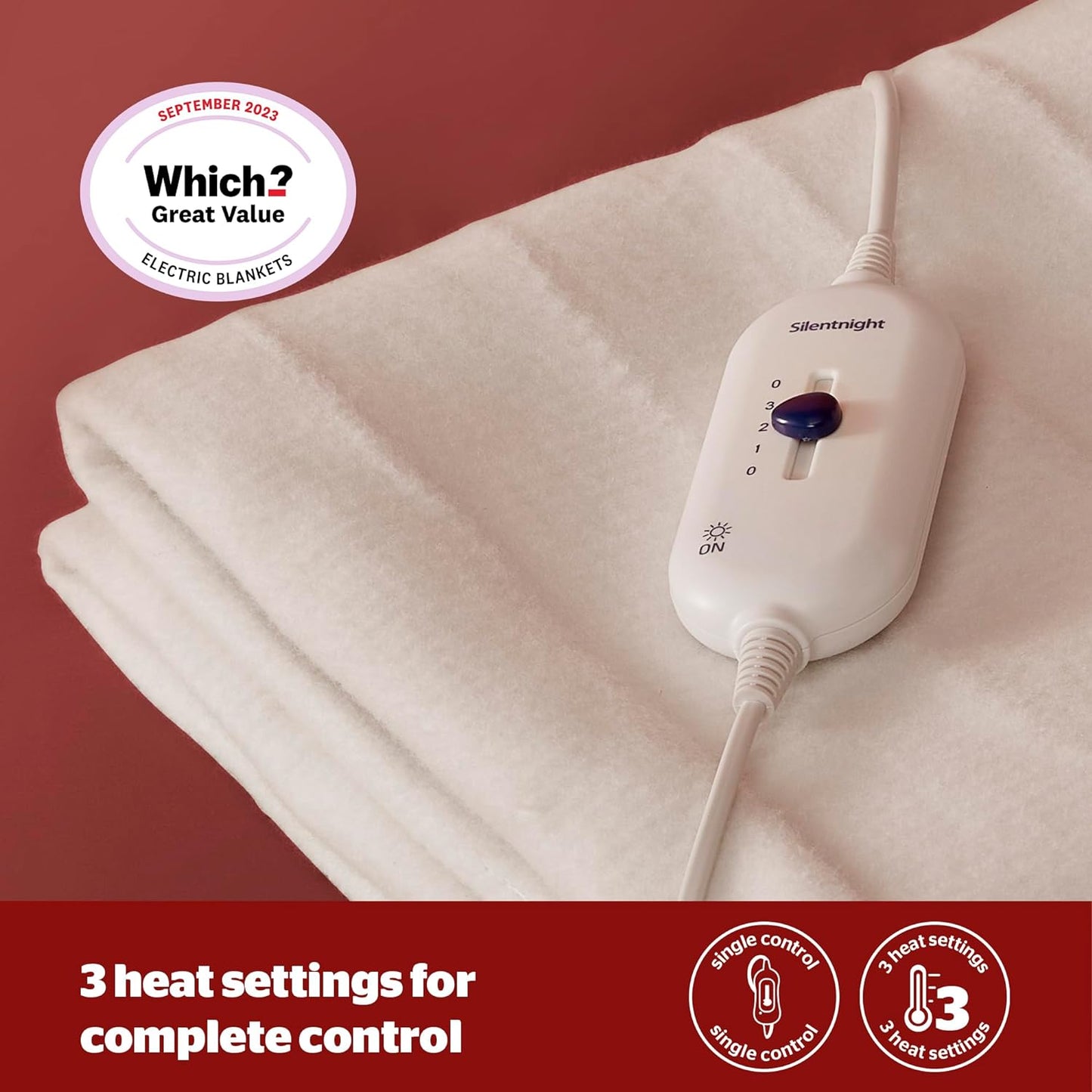 Comfort Control Electric Blanket - Heated Underblanket with 3 Heat Settings, Fast Heat Up, Overheat Protection and Easy Fit Straps - Machine Washable - Single 135X72Cm