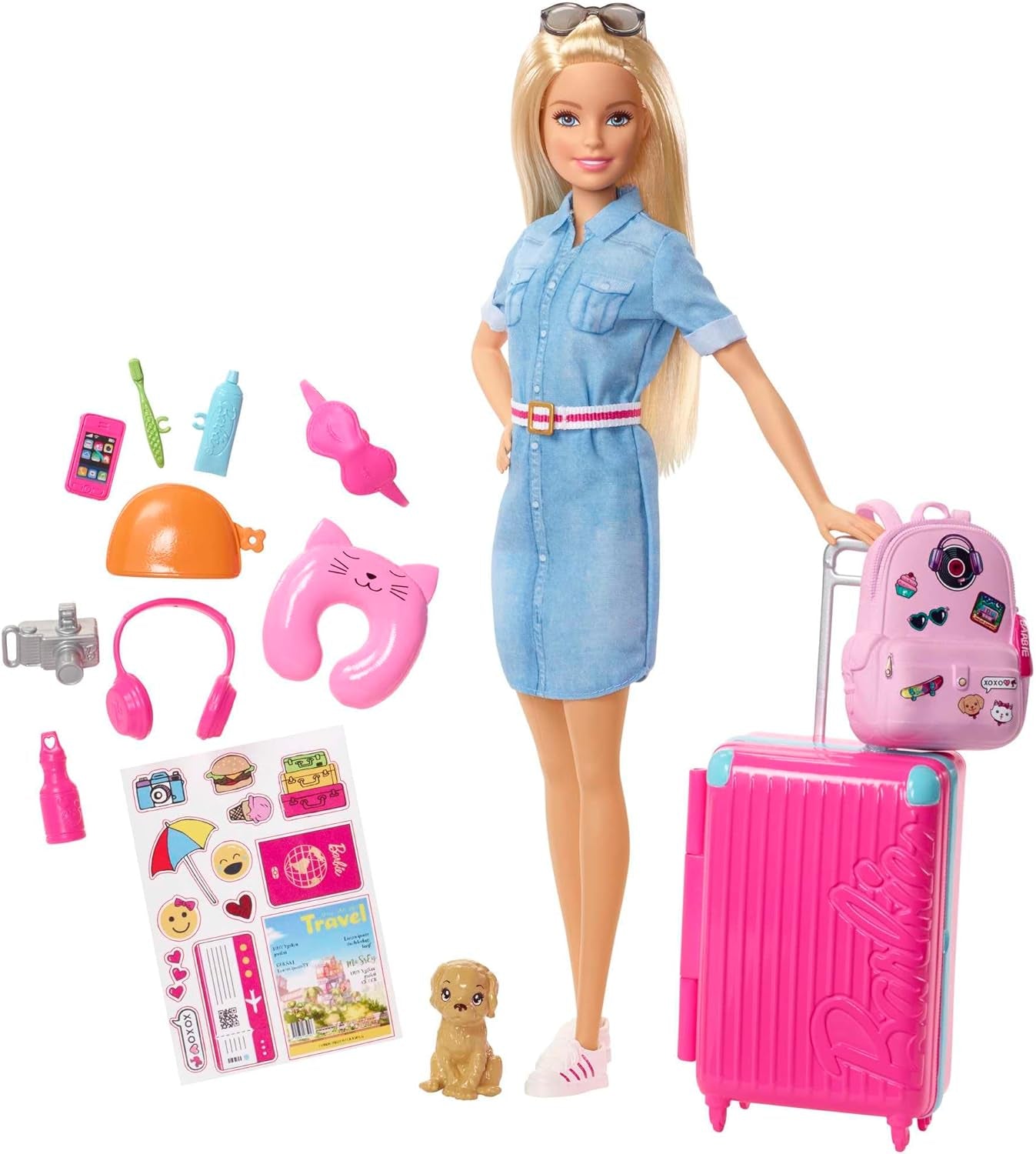 ​ Travel Doll, Blonde, with Puppy, Opening Suitcase, Stickers and 10+ Accessories, for 3 to 7 Year Olds, FWV25