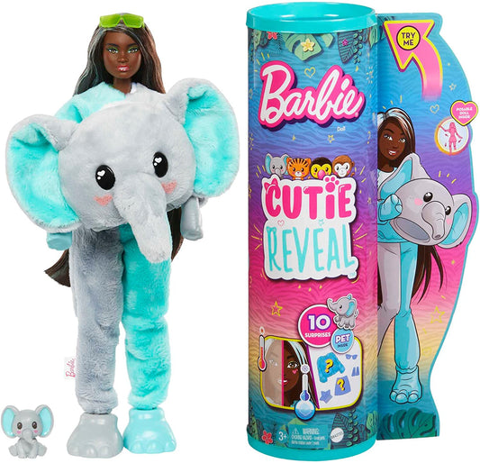 ​ Dolls and Accessories, Cutie Reveal Doll with Elephant Plush Costume & 10 Surprises Including Color Change, Jungle Series