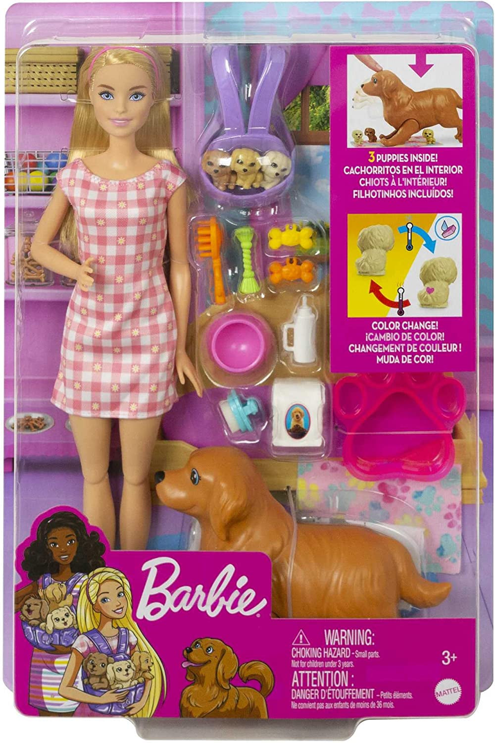 Doll and Pets Playset, Blonde  Doll with Mommy Dog and 3 Puppies, Colour Changing Features and  Pet Accessories, Toys for Ages 3 and Up, One Doll with Dogs, HCK75