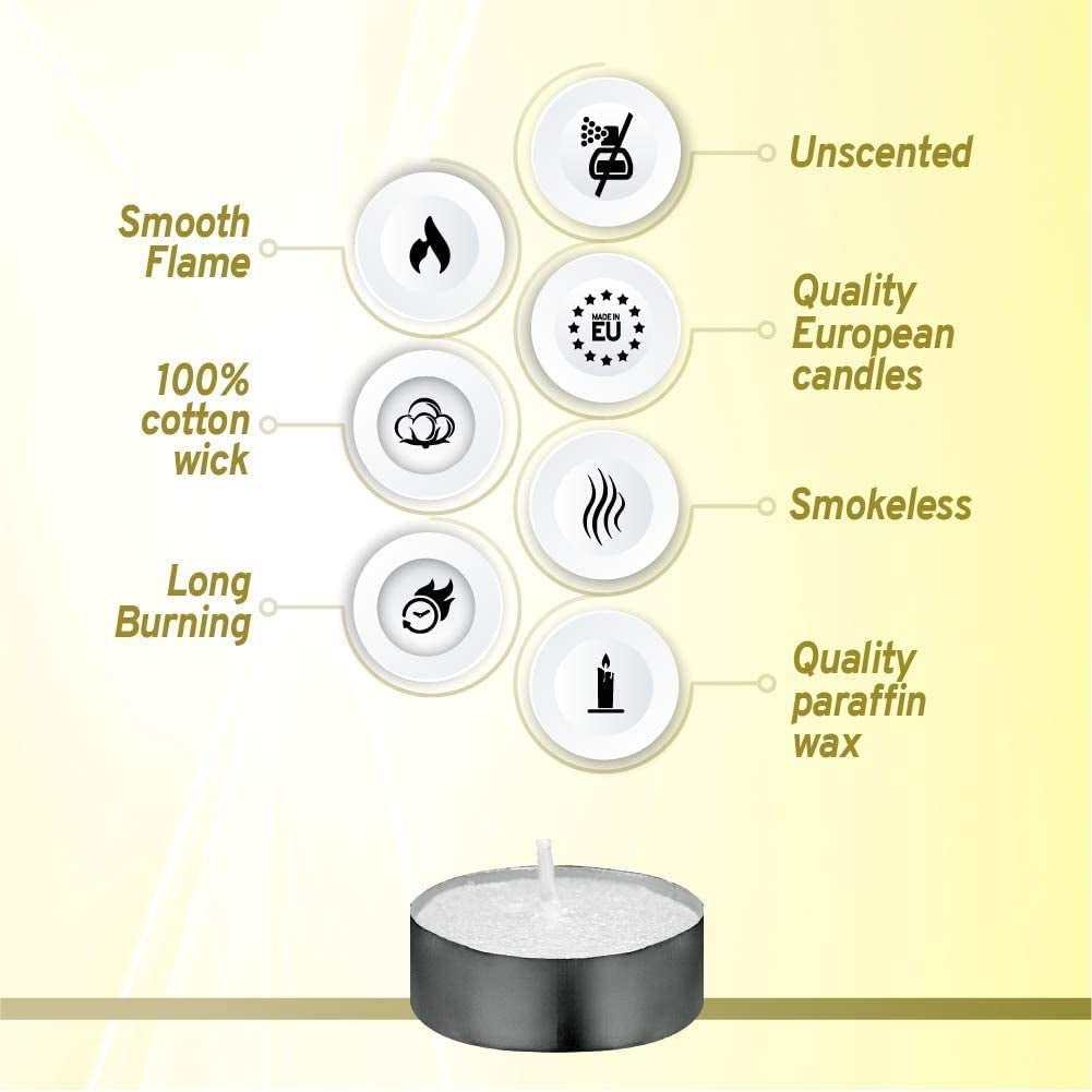 4 Hour Tealights (Pack of 100), 4 Hour Smokeless Burn Time, Unscented Wax Candles, 40 Mm Dia - Ideal for Decorative Purposes, Food Warmers - Weddings, Parties, Spa, Home Use, P950