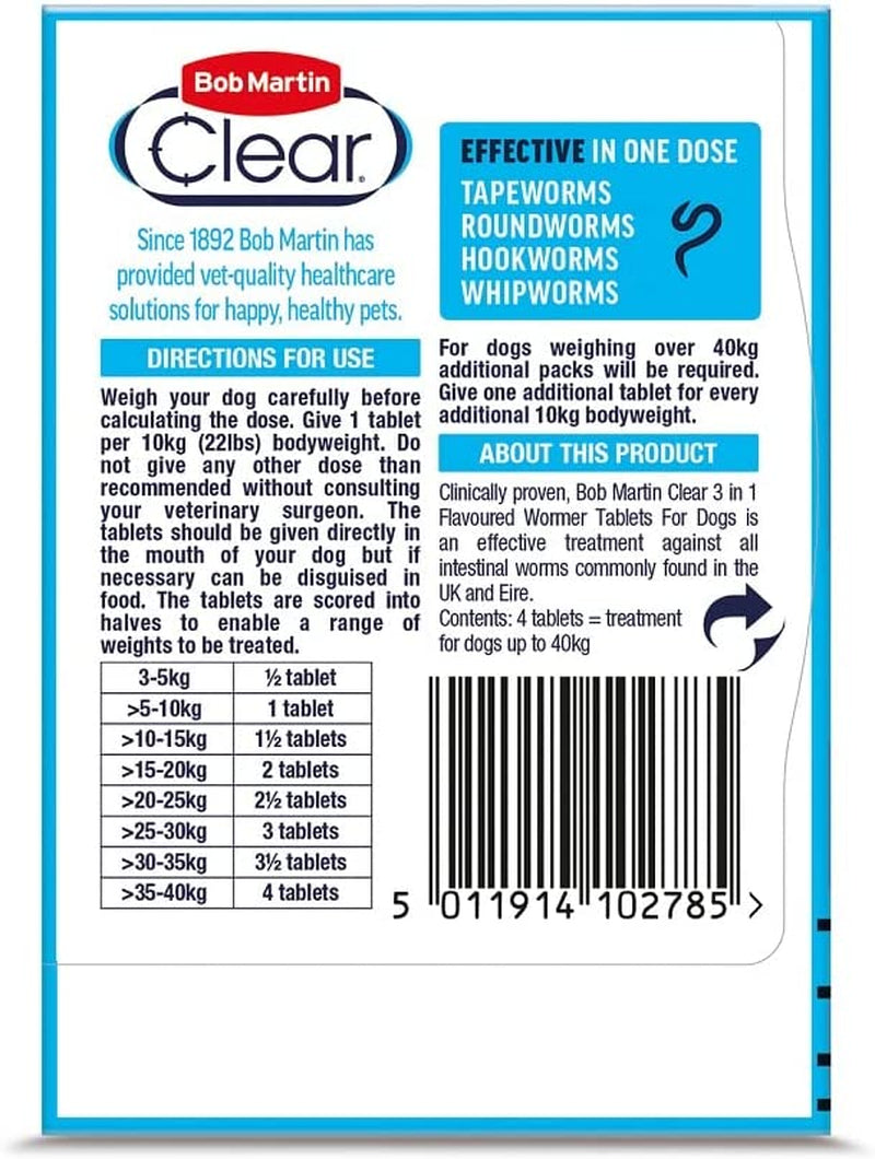 Clear | 3 in 1 Wormer Tablets for Small, Medium & Large Dogs (Up to 40Kg) | Clinically Proven Treatment (4 Tablets)