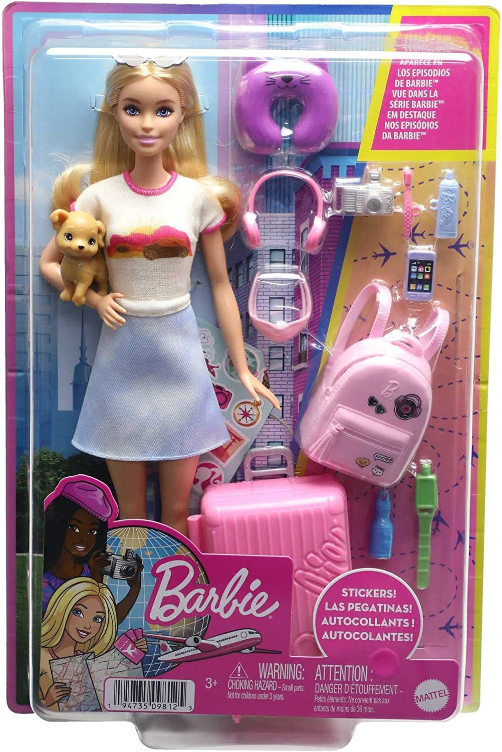 Doll and Accessories, “Malibu” Travel Set with Puppy and 10+ Pieces Including Working Suitcase, HJY18
