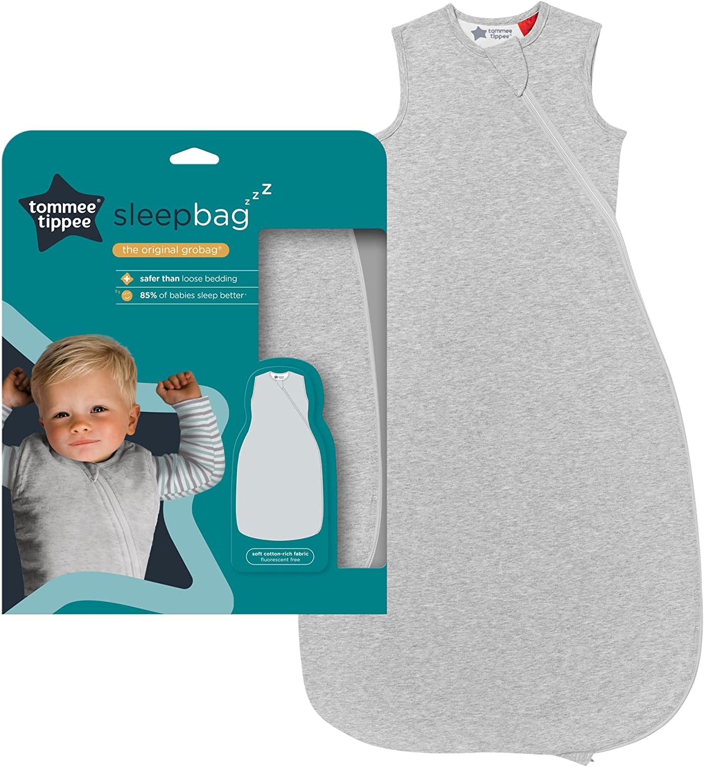 Baby Sleep Bag, the Original Grobag, Hip-Healthy Design, Soft Cotton-Rich Fabric, 6-18 M, 1.0 TOG, Sky Grey Marl