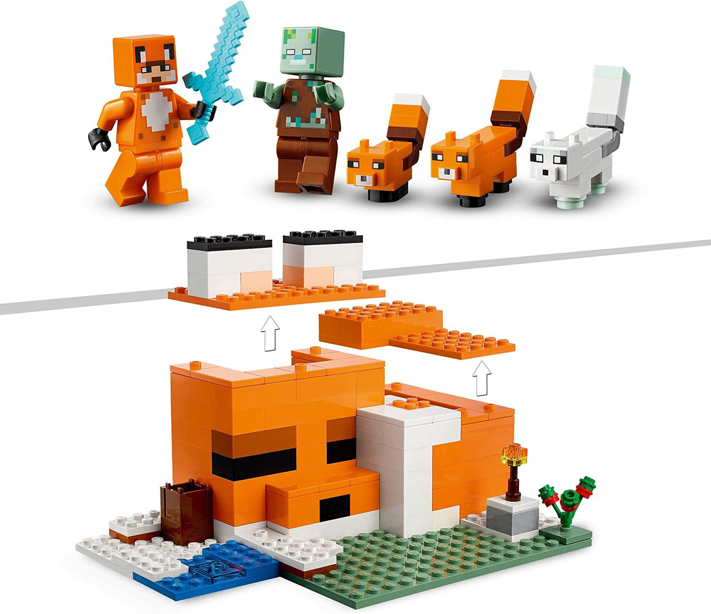 21178 Minecraft the Fox Lodge House, Animal Toys, Birthday Gifts for Kids, Boys and Girls Age 8 plus Years Old, with Drowned Zombie Figure