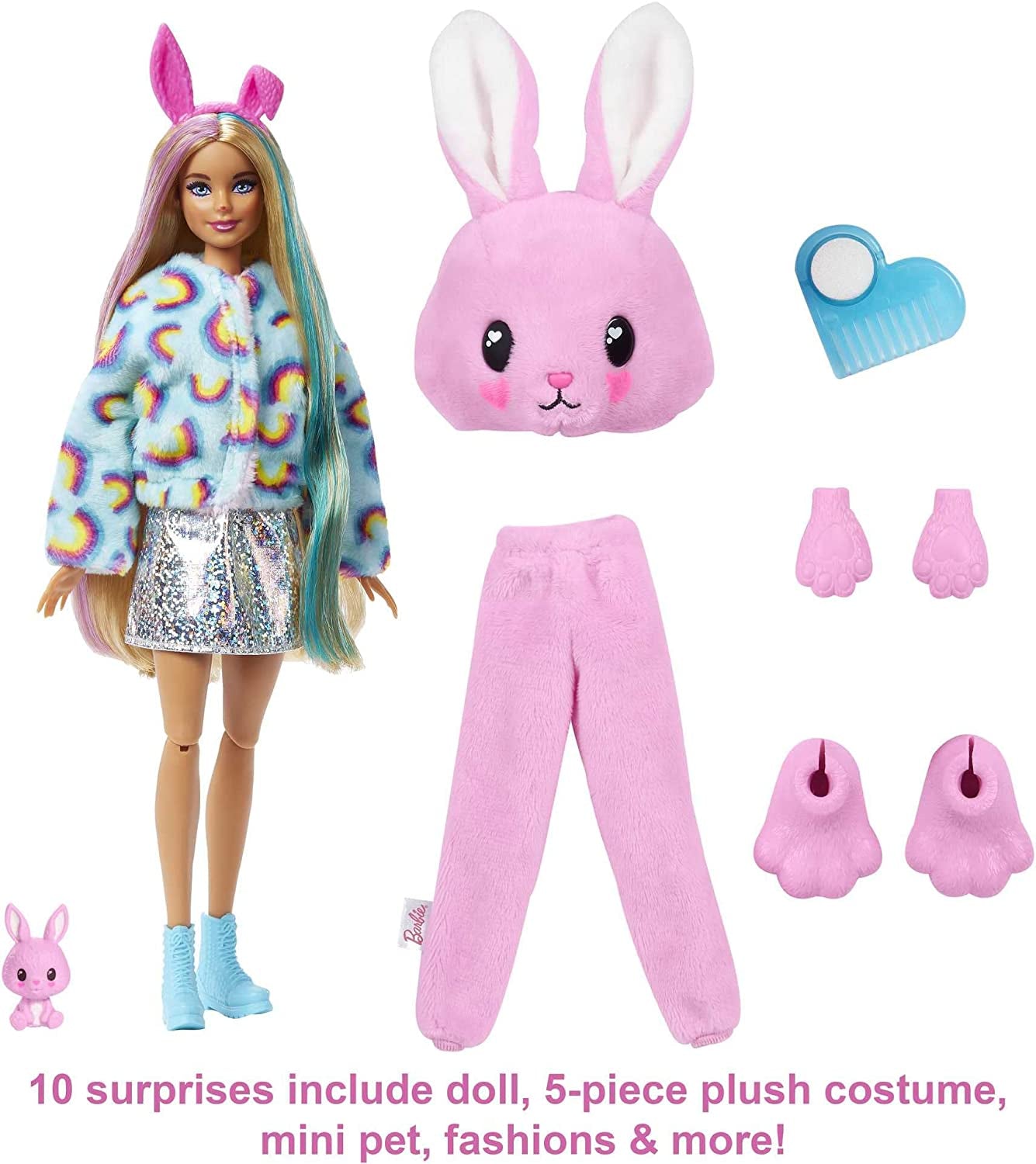 Doll, Cutie Reveal Bunny Plush Costume Doll with 10 Surprises, Mini Pet, Color Change and Accessories, HHG19