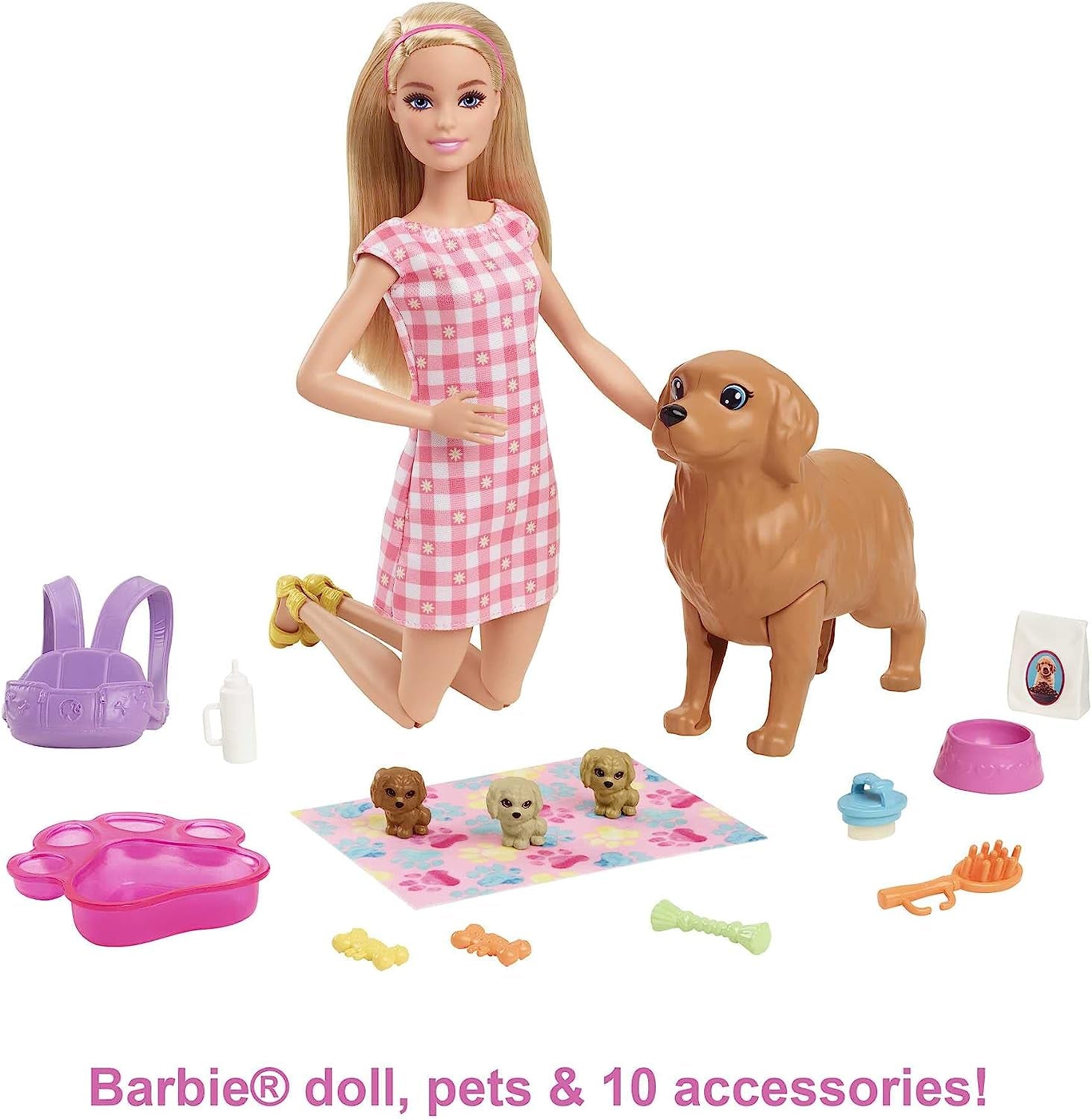 Doll and Pets Playset, Blonde  Doll with Mommy Dog and 3 Puppies, Colour Changing Features and  Pet Accessories, Toys for Ages 3 and Up, One Doll with Dogs, HCK75