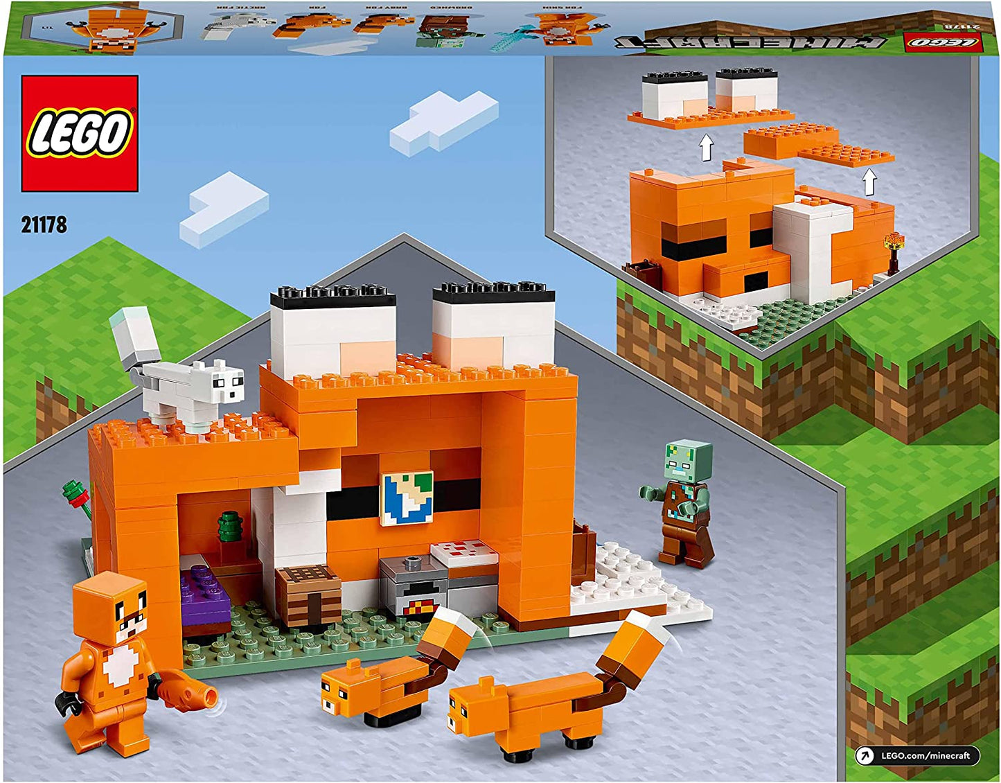 21178 Minecraft the Fox Lodge House, Animal Toys, Birthday Gifts for Kids, Boys and Girls Age 8 plus Years Old, with Drowned Zombie Figure