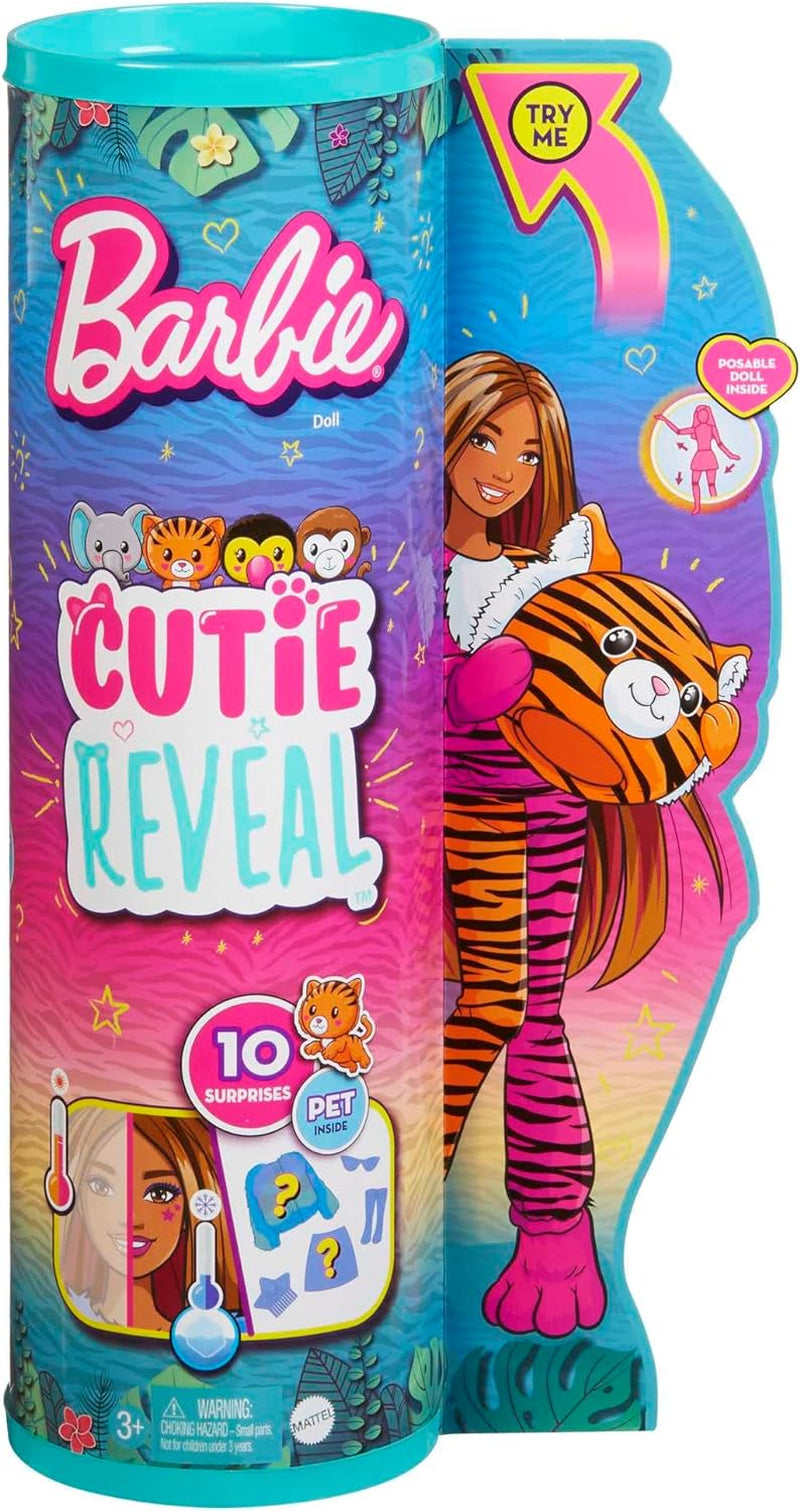 Dolls and Accessories, Cutie Reveal Doll with Tiger Plush Costume & 10 Surprises Including Color Change, Jungle Series, HKP99