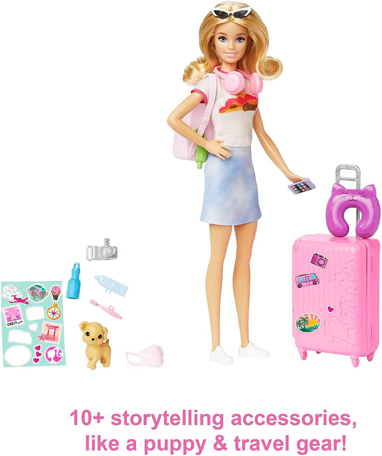 Doll and Accessories, “Malibu” Travel Set with Puppy and 10+ Pieces Including Working Suitcase, HJY18