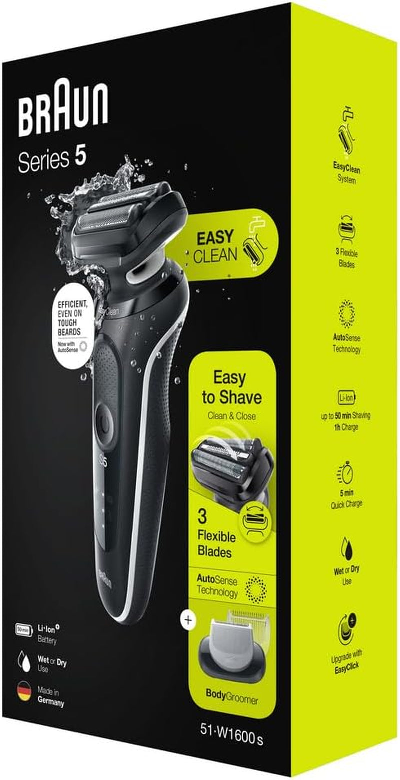 Series 5 51-W1600S Electric Shaver for Men with Easyclick Body Groomer Attachment, Easyclean, Wet & Dry, Rechargeable, Cordless Foil Razor, White, Rated Which Best Buy