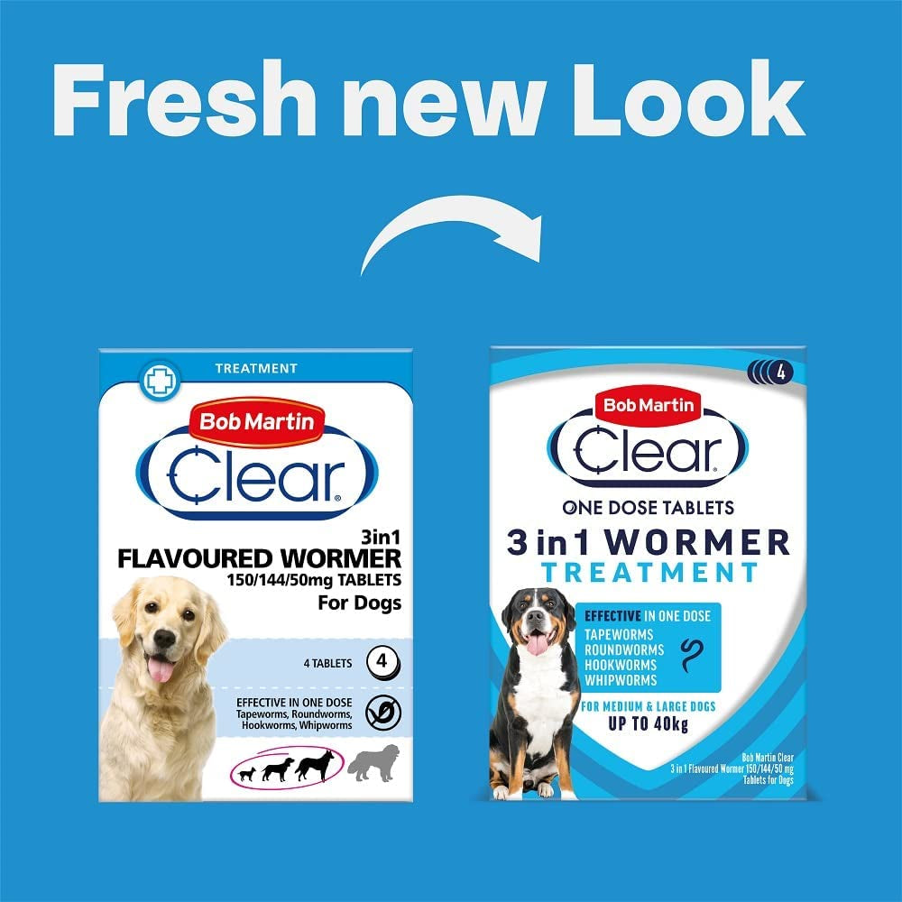 Clear | 3 in 1 Wormer Tablets for Small, Medium & Large Dogs (Up to 40Kg) | Clinically Proven Treatment (4 Tablets)